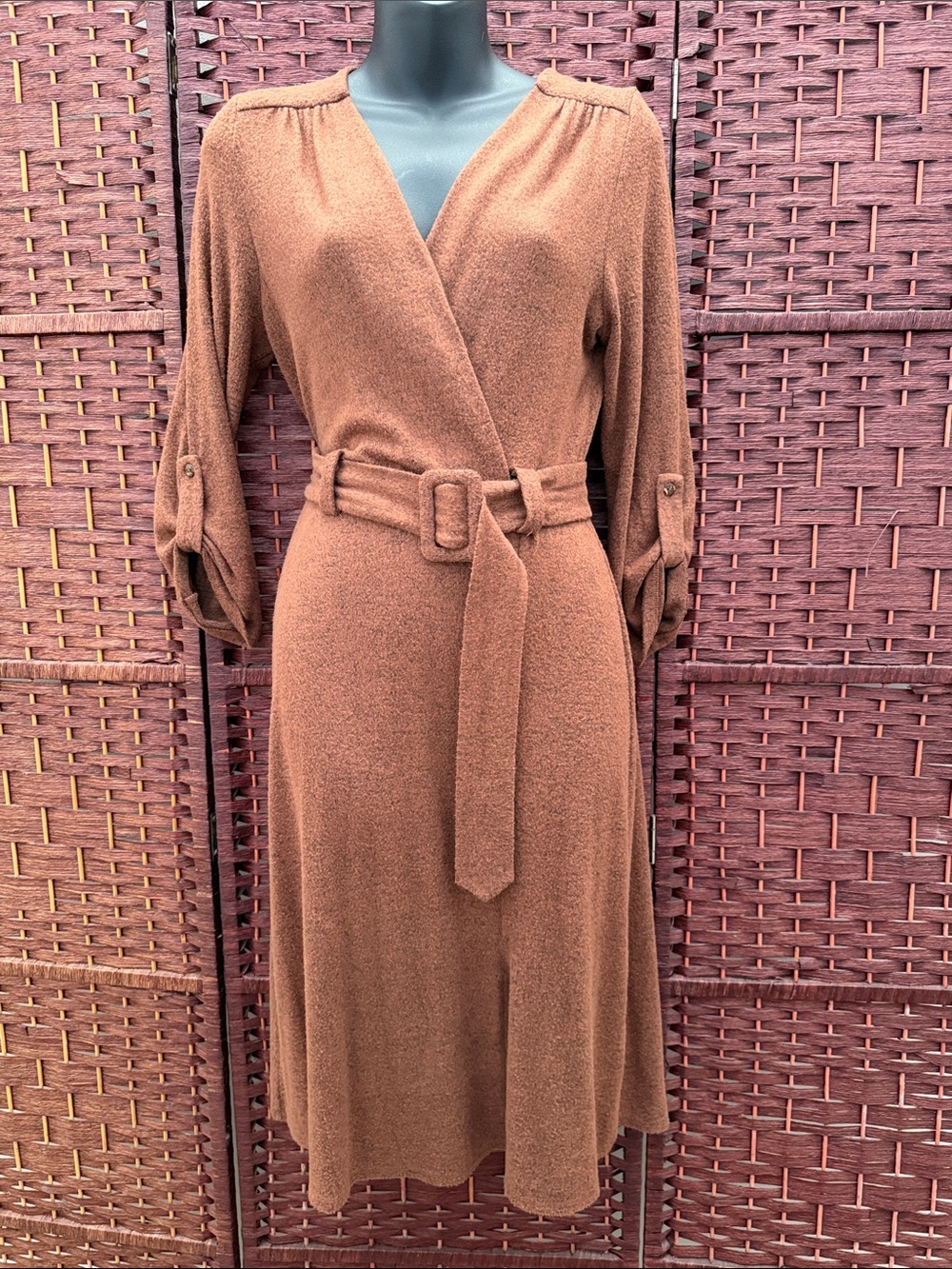 Monteau Rust Brown Wrap Midi Dress with Belt